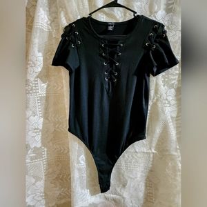 Black Criss Cross Bodysuit Short Sleeve